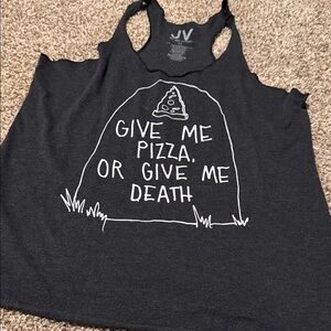 Jac Vanek “Give Me Pizza or Give Me Death” dark gray tank top (L) EUC!